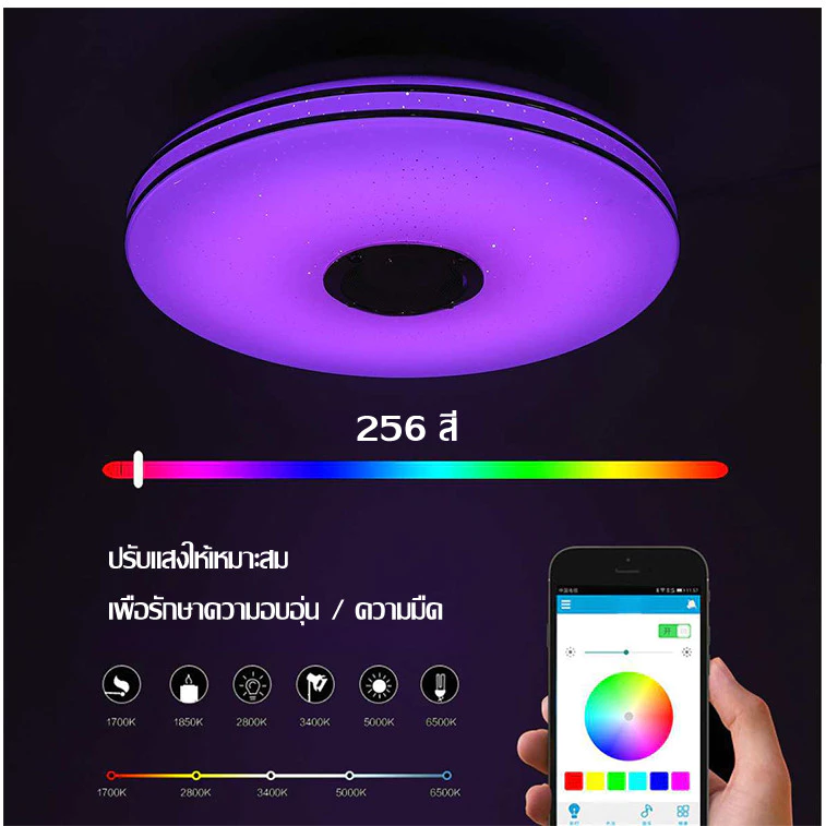 โคมไฟติดเพดาน LED เปลี่ยนสีอัจฉริยะ ควบคุมไร้สาย/ลำโพงในตัว/ติดตั้งง่าย/ใช้งานหลากหลาย